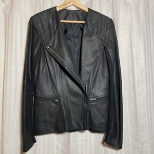 Black Lamb Leather Moto Jacket Ribbed Knit Panel Asymmetrical Zip Collarless S